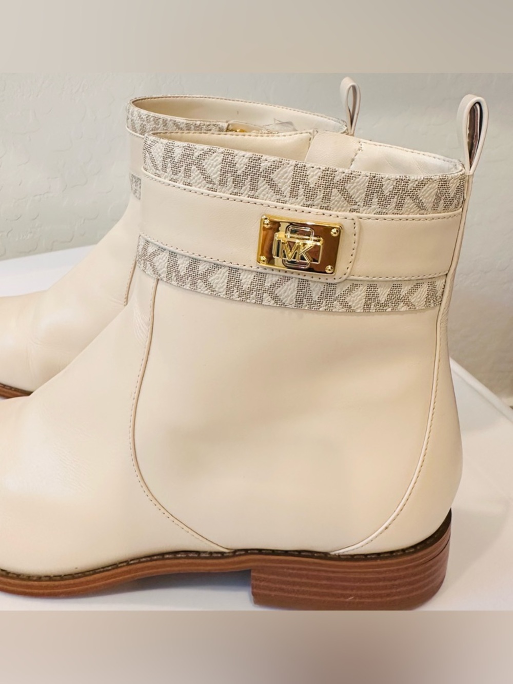 Michael Kors Padma Ankle Booties 9.5M Beige Logo-Trim Strap Women Leather Shoes - Picture 6 of 15